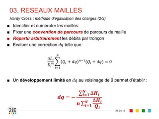 03. RESEAUX MAILLES
21.04.15
Hardy Cross : méthode d’égalisation des charges (2/3)
■ Identifier et numéroter les mailles
■ Fixer une convention de parcours de parcours de maille
■ Répartir arbitrairement les débits par tronçon
■ Evaluer une correction 𝑑𝑞 telle que
𝑎𝐿𝑖
𝐷𝑖
𝑚
𝑖=1
𝑁
𝑄𝑖 + 𝑑𝑞 𝑛−1(𝑄𝑖 + 𝑑𝑞) = 0
■ Un développement limité en 𝑑𝑞 au voisinage de 0 permet d’établir :
𝒅𝒒 = −
∑𝒊=𝟏
𝑵
∆𝑯𝒊
𝒏 ∑𝒊=𝟏
𝑵 ∆𝑯𝒊
𝑸𝒊
84
 