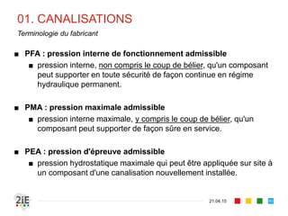 01. CANALISATIONS
21.04.15
Terminologie du fabricant
■ PFA : pression interne de fonctionnement admissible
■ pression interne, non compris le coup de bélier, qu'un composant
peut supporter en toute sécurité de façon continue en régime
hydraulique permanent.
■ PMA : pression maximale admissible
■ pression interne maximale, y compris le coup de bélier, qu'un
composant peut supporter de façon sûre en service.
■ PEA : pression d'épreuve admissible
■ pression hydrostatique maximale qui peut être appliquée sur site à
un composant d'une canalisation nouvellement installée.
90
 