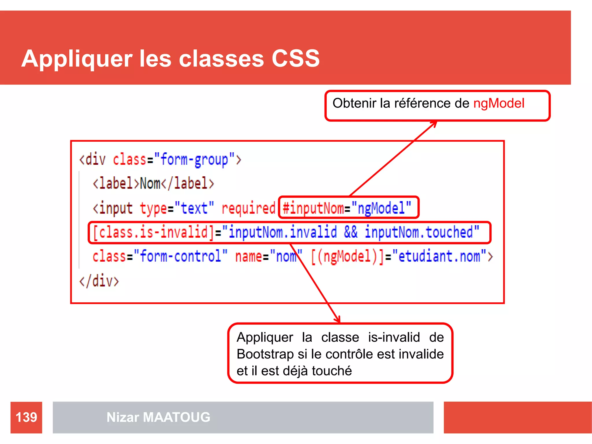 Appliquer les classes CSS
Nizar MAATOUG139
Obtenir la référence de ngModel
Appliquer la classe is-invalid de
Bootstrap si le contrôle est invalide
et il est déjà touché
 