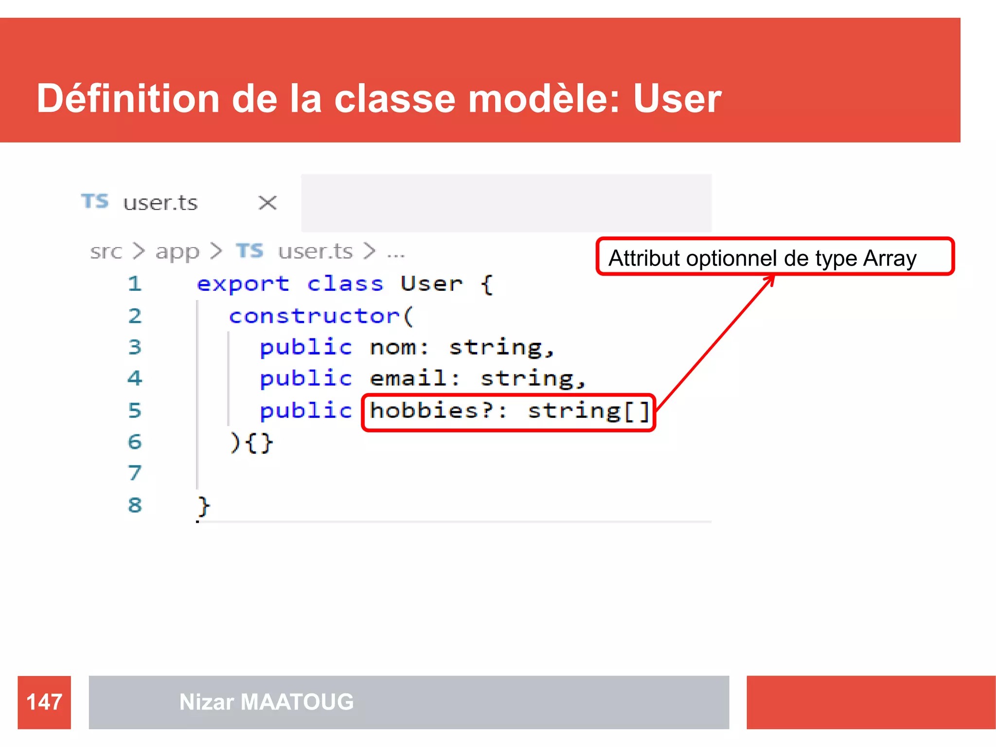 Définition de la classe modèle: User
Nizar MAATOUG147
Attribut optionnel de type Array
 