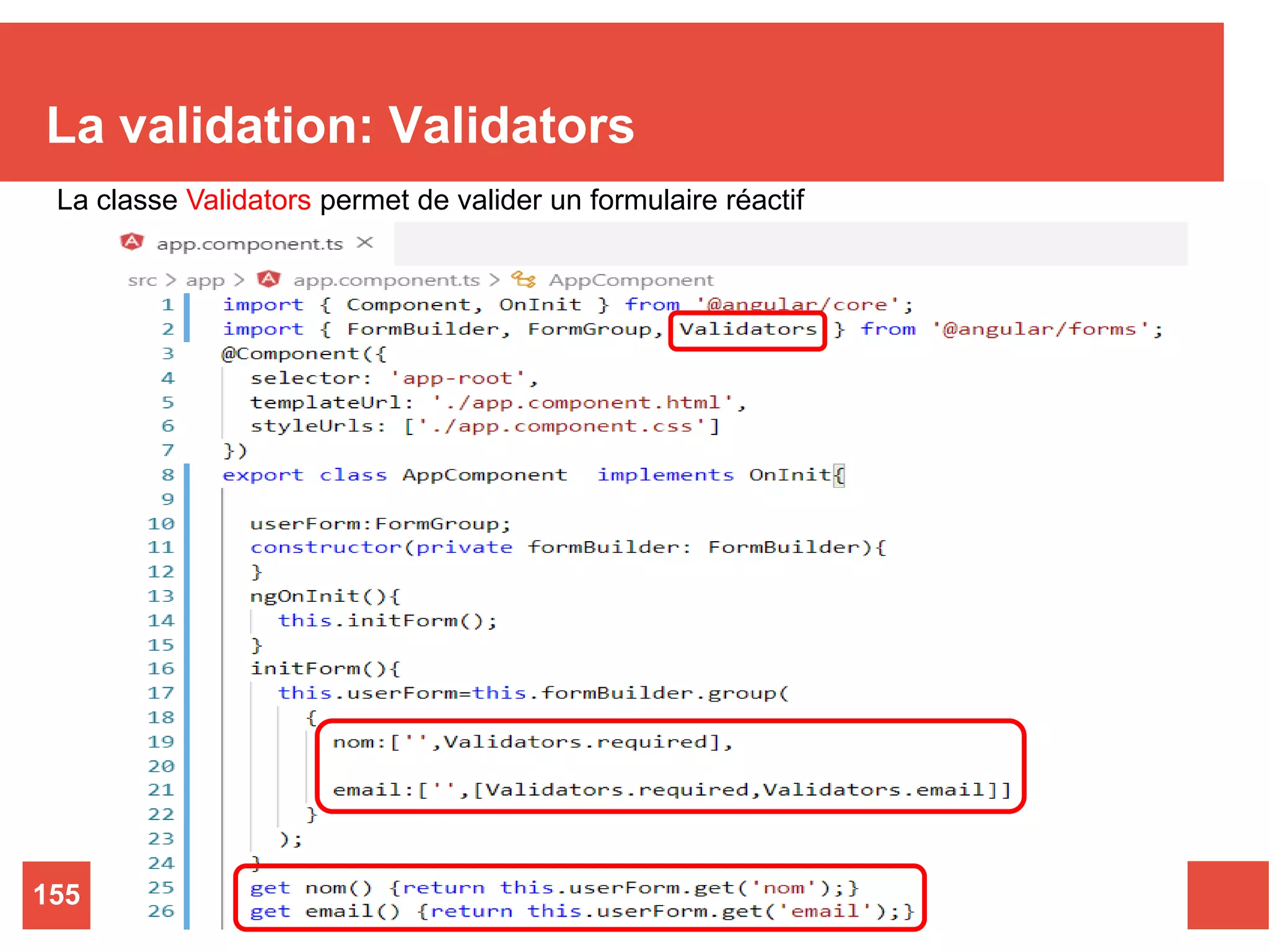La validation: Validators
Nizar MAATOUG155
La classe Validators permet de valider un formulaire réactif
 