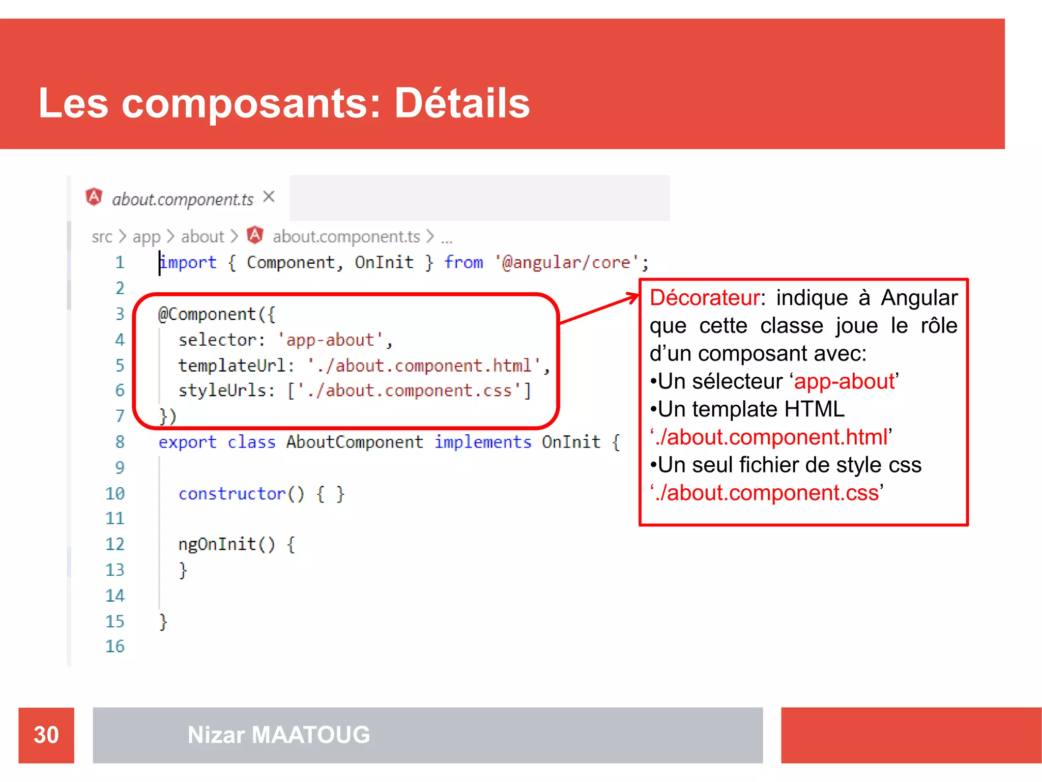 Les composants: Détails
Nizar MAATOUG30
Décorateur: indique à Angular
que cette classe joue le rôle
d’un composant avec:
•Un sélecteur ‘app-about’
•Un template HTML
‘./about.component.html’
•Un seul fichier de style css
‘./about.component.css’
 