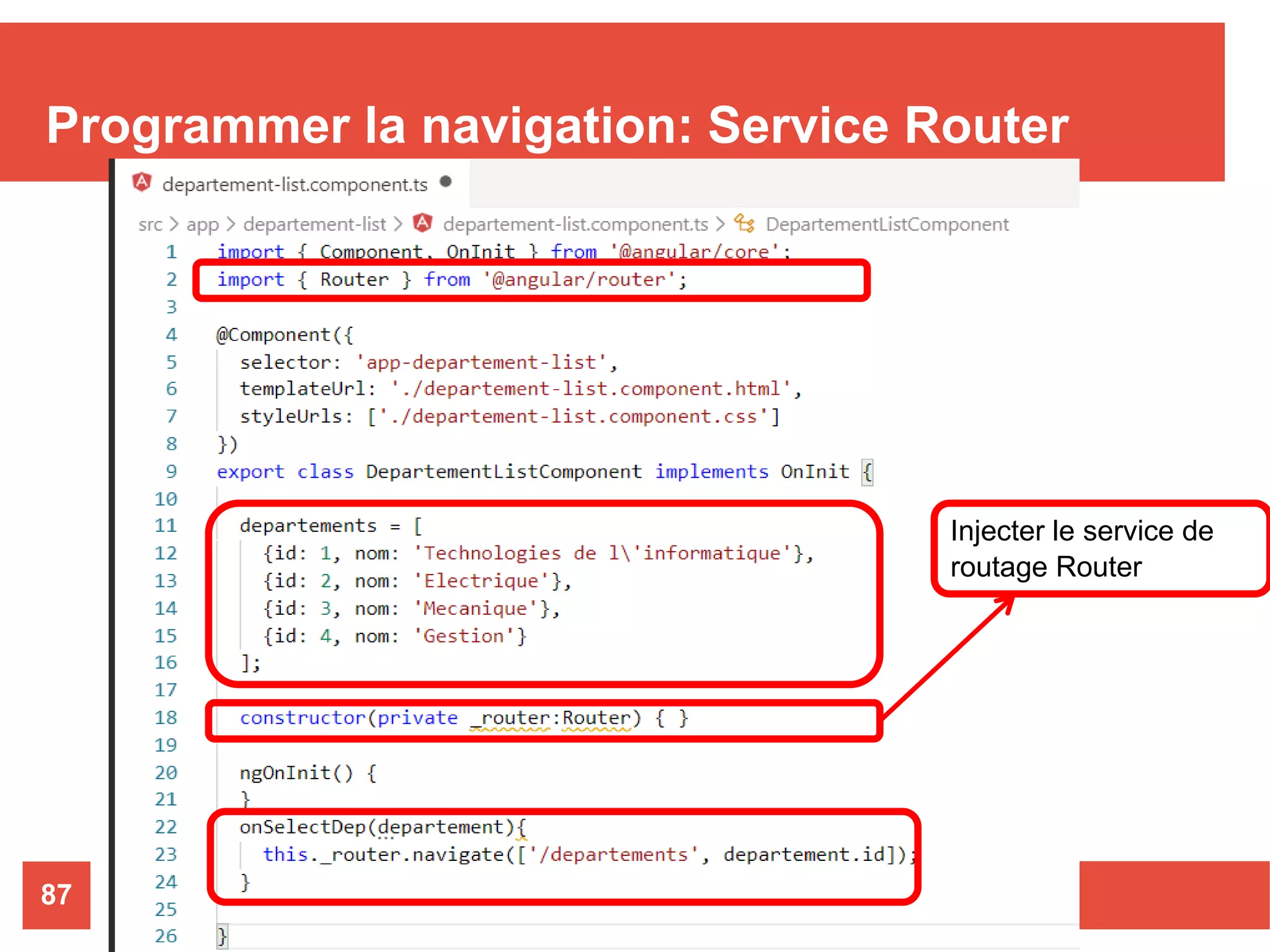 Programmer la navigation: Service Router
Nizar MAATOUG87
Injecter le service de
routage Router
 