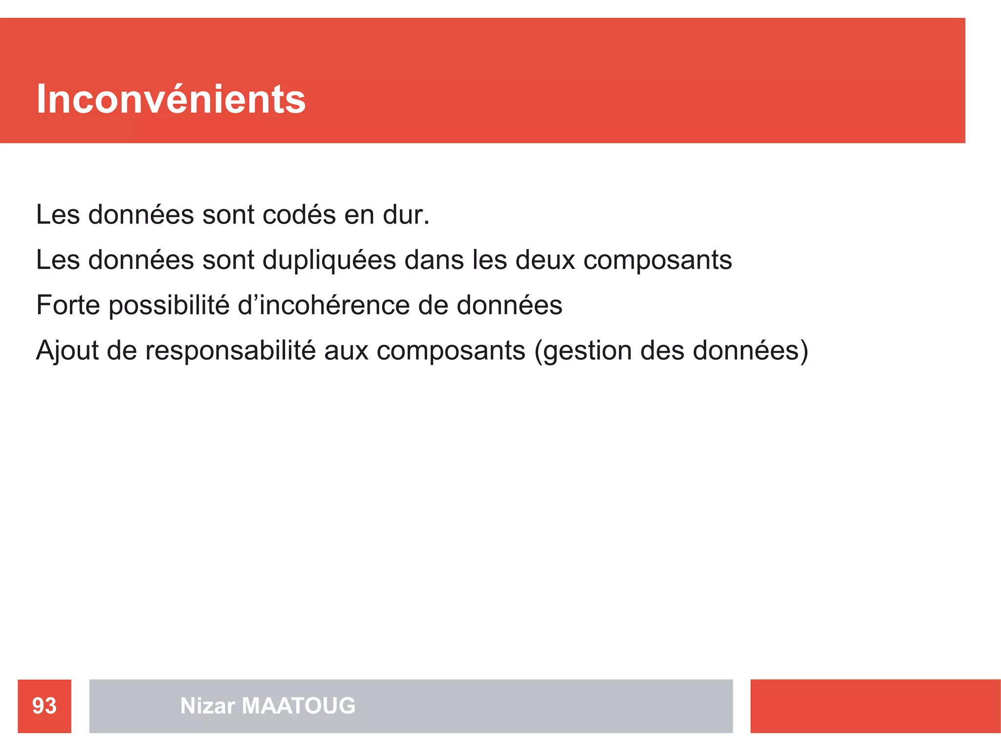 Inconvénients
Les données sont codés en dur.
Les données sont dupliquées dans les deux composants
Forte possibilité d’incohérence de données
Ajout de responsabilité aux composants (gestion des données)
Nizar MAATOUG93
 