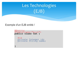 Les Technologies
(EJB)
Exemple d'un EJB entité /
@Entity
@Table(name="book")
public class Cat {
@Id
private Integer id;
private String name;
}
 