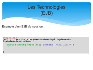 Les Technologies
(EJB)
Exemple d'un EJB de session :
@Stateless
public class StatelessSessionBeanImpl implements
StatelessSessionBean {
public String sayHello() {return ("Hello world !");
}
}
 