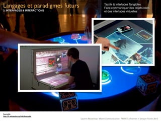 Langages et paradigmes futurs                                    Tactile & Interfaces Tangibles
                                                                 Faire communiquer des objets réels
2. INTERFACES & INTERACTIONS                                     et des interfaces virtuelles




Reactable
h&p://fr.wikipedia.org/wiki/Reactable
                                        Laurent Neyssensas Master Communication- PRANET : «Internet et design» Février 2012
 