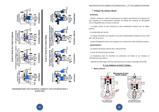 Institut Supérieur des Sciences Appliquées et de Technologie de Sousse-------2ème licence Appliquée Electromécanique   Institut Supérieur des Sciences Appliquées et de Technologie de Sousse-------2ème licence Appliquée Electromécanique



                                                                                                                                Critique du moteur diesel
                                                                                                                        AVANTAGES

                                                                                                                       - Meilleur rendement : grâce à l'augmentation du rapport volumétrique la combustion est
                                                                                                                       plus complète et la consommation spécifique est réduite (en moyenne de 200 g/kW/h
                                                                                                                       contre 330 g/kW/h pour le moteur à essence).

                                                                                                                       - Le couple moteur est plus important et reste sensiblement constant pour les faibles
                                                                                                                       vitesses.

                                                                                                                       - Le combustible bon marché.

                                                                                                                       - Les risques d'incendie sont moindres car le point d'inflammation du gazole est plus élevé
                                                                                                                       que celui de l'essence.

                                                                                                                       - Les gaz d'échappement sont moins toxiques car ils contiennent moins d'oxyde de carbone.

                                                                                                                         INCONVENIENTS

                                                                                                                       - Les organes mécaniques doivent être surdimensionnés.

                                                                                                                       - Le bruit de fonctionnement est élevé.

                                                                                                                       - La température dans les chambres de combustion est élevée ce qui implique un
                                                                                                                       refroidissement plus délicat.

                                                                                                                       - L'aptitude au démarrage à froid est moins bonne qu'un moteur à allumage commandé.

                                                                                                                                                  b. Les moteurs à cycle 2 temps
                                                                                                                                Moteur Essence




    COMPARAISON ENTRE CYCLE D’UN MOTEUR A ESSENCE ET CYCLE D’UN MOTEUR DIESEL A
                                  QUATRE TEMPS




                                                        21                                                                                                                     22
 