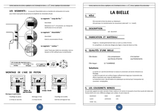 Institut Supérieur des Sciences Appliquées et de Technologie de Sousse-------2ème licence Appliquée Electromécanique         Institut Supérieur des Sciences Appliquées et de Technologie de Sousse-------2ème licence Appliquée Electromécanique



     LES SEGMENTS :                      Ils assurent l'étanchéité entre la chambre de combustion et le carter
     pour éviter toute perte de puissance et empêcher les remontées d'huile
                                                                                                                            1. RÔLE
                                                                                                                                                                           LA BIELLE
                                                                  Le segment " coup de feu "
                                                                                                                                         Elle transmet la force du piston au vilebrequin.
                                                                        étanchéité                                                       Elle participe à la transformation du mouvement (alternatif >>> rotatif).
                                                                        Résistance à la T°, à la pression, au manque de
                                                                        lubrification et à la corrosion.
                                                                                                                            2. DESCRIPTION
                                                                                                                                                                        voir document
                                                                  Le segment " étanchéité "

                                                                        étanchéité
                                                                                                                            3. FABRICATION ET MATÉRIAU
                                                                        évite la consommation d'huile.

                                                                                                                                         Forgée ou moulée généralement dans un acier au nickel-chrome.
                                                                                                                                         En compétition, on utilise des alliages plus légers, à base de titane ou d'alu.
                                                                  Le segment " racleur "

                                                                        racler l'huile pour éviter les remontées, tout en   4. QUALITÉS D'UNE BIELLE
                                                                        laissant un film suffisant pour la lubrification.
                                                                                            fisant


                                                                                                                                  Elle résiste :                        à la compression                         à la traction
                                                                                                                                                                        aux forces d'inertie                     aux frottements

                                                                                                                                  Elle risque :                LE FLAMBAGE

                                                                                                                                  Solutions
                                                                                                                                         La section en I permet de diminuer la masse en conservant une bonne résistance au
MONTAGE DE L'AXE DE PISTON                                                                                                               flambage.
                                                                                                                                         La tête et le pied ont une surface d'appui suffisamment large pour transmettre des
                                                                                                                                         efforts importants sans risque de détérioration.
                                                                                                                                         Le frottement entre tête de bielle et le vilebrequin est diminué par l'interposition de
                                                                                                                                         coussinets remplaçables.



                                                                                                                            5. LES COUSSINETS MINCES
                                                                                                                            Ce sont des supports en acier, laminés à froid, roulés en 1/2 cercle et recouverts d'une fine couche de métal anti-
                                                                                                                            friction (0,05 à 0,5 mm). Différents alliages sont utilisés. Ils sont à base de :
Montage en après-vente:
                                                                                                                                  - aluminium                 - étain               - plomb
     Chauffage du piston.                       Montage à froid.                            Chau
                                                                                            Chauffage de la bielle.
                                                                                                                                  - cuivre                    - antimoine           - zinc
     2 circlips en sécurité.                    2 circlips d'arrêt.                         Outil de centrage de l'axe.
                                                                                                                                  - nickel etc...


                                                             55                                                                                                                           56
 