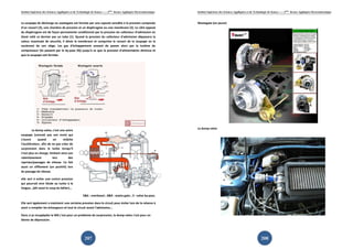 Institut Supérieur des Sciences Appliquées et de Technologie de Sousse-------2ème
licence Appliquée Electromécanique
207
La soupape de décharge ou wastegate est formée par une capsule sensible à la pression composée
d'un ressort (3), une chambre de pression et un diaphragme ou une membrane (2). Le côté opposé
du diaphragme est de façon permanente conditionné par la pression du collecteur d'admission en
étant relié ce dernier par un tube (1). Quand la pression du collecteur d'admission dépassera la
valeur maximale de sécurité, il dévie la membrane et comprime le ressort de la soupape en la
soulevant de son siège. Les gaz d'échappement cessent de passer alors par la turbine du
compresseur (ils passent par le by-pass (9)) jusqu'à ce que la pression d'alimentation diminue et
que la soupape soit fermée.
La dump valve, c'est une autre
soupape (connait pas son nom) qui
s'ouvre quand on relâche
l'accélérateur, afin de ne pas créer de
surpression dans le turbo lorsqu'il
n'est plus en charge, limitant ainsi son
ralentissement lors des
reprises/passages de vitesse. Ca fait
aussi un sifflement (un pschiiit) lors
du passage de vitesse.
elle sert à eviter une contre pression
qui pourrait etre fatale au turbo à la
longue...(dit aussi le coup du bélier)...
5&6 : overboost ; 8&9 : waste-gate ; 3 : valve by-pass.
Elle sert également a maintenir une certaine pression dans le circuit pour éviter lors de la relance à
avoir a remplier les échangeurs et tout le circuit avant l'admission...
Donc si je recapépéte la WG c'est pour un probleme de surpression, la dump valve c'est pour un
bleme de dépression.
Institut Supérieur des Sciences Appliquées et de Technologie de Sousse-------2ème
licence Appliquée Electromécanique
208
Wastegate (en jaune)
La dump valve
 
