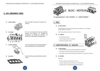 Institut Supérieur des Sciences Appliquées et de Technologie de Sousse-------2ème
licence Appliquée Electromécanique
43
1. LES ORGANES FIXES
A. Le bloc-moteur C'est "le châssis" du moteur: il comporte les
cylindres.
B. La culasse Elle sert de couvercle en haut des cylindres.
Souvent, elle comporte les chambres de
combustion, les bougies, les injecteurs, les
conduits d'air (admission et échappement).
C. Le carter inférieur Il sert de réserve pour l'huile de graissage et
participe également à son refroidissement.
D. Les joints Ilssont nombreux, leprincipal étant le joint de
culasse.
Institut Supérieur des Sciences Appliquées
LE
On l'appelle également " BLOC
1. RÔLE
A. Le bloc-moteur
Il sert de support à tous les o
annexes (démarreur, conduits,...).
C'est la pièce-maîtresse du moteu
B. Le cylindre
- Il sert de glissière au piston.
- Il contient les gaz et permet leur évolution.
- Il détermine la cylindrée unitaire.
2. CARACTÉRISTIQUES
A. Le bloc-moteur
- Il doit être rigide pour résister aux e
- Par conduction, il évacue
- Il doit résister à la corrosion
B. Le cylindre
Il doit avoir :
- une bonne résistance aux frottements et à l'usure.
- une bonne résistance aux
- une grande précision d'usinage (cylindricité, perpendicularité...)
Appliquées et de Technologie de Sousse-------2ème
licence Appliquée Electromécanique
44
BLOC - MOTEUR
BLOC- CYLINDRES " ou " CARTER-CYLINDRES
Il sert de support à tous les organes principaux (piston, vilebrequin,...) et aux o
conduits,...).
maîtresse du moteur, le " châssis " de celui-ci.
piston.
Il contient les gaz et permet leur évolution.
Il détermine la cylindrée unitaire.
CARACTÉRISTIQUES ET QUALITÉS
Il doit être rigide pour résister aux efforts engendrés par la combustion.
évacue une partie de la chaleur de la combustion.
corrosion due au liquide de refroidissement, si ce système
une bonne résistance aux frottements et à l'usure.
aux chocs thermiques et à la déformation.
une grande précision d'usinage (cylindricité, perpendicularité...)
Appliquée Electromécanique
TEUR
CYLINDRES ".
ganes principaux (piston, vilebrequin,...) et aux organes
système a été retenu.
 