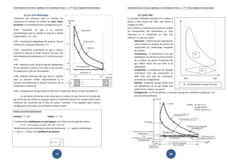 Institut Supérieur des Sciences Appliquées et de Technologie de Sousse-------2ème
licence Appliquée Electromécanique
79
pression
Volumes
Admission
 Echappement
Compression
Combustion
Détente
Pa
P3
P1
P2
V1 V2
A
B
C
D
E
a) Le cycle théorique
L’évolution des pressions dans la chambre de
combustion en fonction du volume du cycle « Beau
de Rochas » se représente dans un diagramme (p,v).
A B : Aspiration du gaz à la pression
atmosphérique dans le cylindre le long de la droite
isobare AB (PA = PB = Pa ).
B C : Compression adiabatique BC jusqu’au volume
minimal V1, la pression devenant : P1
C D : Combustion instantanée du gaz à volume
constant le long de la droite isochore CD avec une
forte élévation de température à T2 et de la pression
à P2.
D E : Détente du gaz chaud le long de l’adiabatique
DE qui ramène le volume à V2, mais à une pression
P3 supérieure à celle de l’atmosphère.
E B : Détente théorique des gaz dans le cylindre
donc la pression tombe instantanément à la
pression atmosphérique le long de l’isochore EB, la
température redescend.
B A : Echappement des gaz brûlés en décrivant l’isobare BA. Retour au point de départ A.
Le cycle Beau de Rochas a été conçu pour un moteur tel que l’entrée et la sortie des
gaz se fait par des orifices à soupapes placés à l’extrémité fermée d’un cylindre dont l’autre
extrémité est constituée par la tête du piston. Toutefois, il est appliqué dans d’autres
configurations de moteur, par exemple le moteur rotatif.
Notions de thermodynamique :
Isochore : V = cte isobare : P = cte
Transformation adiabatique ou isentropique c’est à dire sans échange de chaleur
P x Vγ
= cte ou pour ce cycle : Pb x Vbγ
= Pc x Vcγ
Rendement du cycle théorique de Beau de Rochas avec : ρ = rapport volumétrique
γ = Cp/ Cv = 1.4 pour l’air (coefficient de poisson)
η
ργ
= − −
1
1
1
Institut Supérieur des Sciences Appliquées et de Technologie de Sousse-------2ème
licence Appliquée Electromécanique
80
b) Cycle réel
La première réalisation pratique d’un moteur à
piston a été réussie par Otto chez Deutz à
Cologne en 1876
Sur ce moteur, l’évolution de la pression relevée
ne correspondait pas exactement au cycle
théorique et le rendement en était très
inférieur. En voici les raisons :
Admission : l’inertie des gaz augmentant
avec la vitesse de rotation du moteur est
responsable du remplissage incomplet
du cylindre.
Compression : la compression n’est pas
adiabatique. Du fait de la communication
de la chaleur aux parois, la pression des
gaz s’élève moins vite que dans la loi
adiabatique.
Combustion : la combustion du mélange
air/essence n’est pas instantanée au
PMH d’où une zone de combustion
arrondie sur le diagramme.
Détente : la détente des gaz brûlés n’est
pas adiabatique car les gaz cèdent une
partie de leur chaleur aux parois.
Echappement : en fin de détente, la pression des gaz est nettement supérieure à la
pression atmosphérique.
S1
S2
PMH PMB
S1 - S2 représente le travail du cycle
 