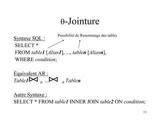 13
-Jointure
Syntaxe SQL :
SELECT *
FROM table1 [Alias1], ..., tablen [Aliasn],
WHERE condition;
Équivalent AR :
Table1 ...