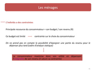 Les ménages


L’individu a des contraintes

Principale ressource du consommateur = son budget / son revenu (R)

Ce budget est limité           contrainte sur le choix du consommateur

On ne prend pas en compte la possibilité d’épargner une partie du revenu pour le
   dépenser plus tard (cadre d’analyse statique)



       Le consommateur maximise donc son utilité en dépensant
       l’intégralité de son revenu (il sature sa contrainte)



                                                                              31
 