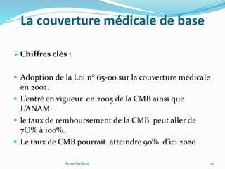 La couverture médicale de base
Chiffres clés :
 Adoption de la Loi n° 65-00 sur la couverture médicale
en 2002.
 L’entré en vigueur en 2005 de la CMB ainsi que
L’ANAM.
 le taux de remboursement de la CMB peut aller de
7O% à 100%.
 Le taux de CMB pourrait atteindre 90% d’ici 2020
Ecole Agodent 10
 