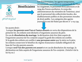 Ecole Agodent 15
Les fonctionnaires, les agents temporaires,
occasionnels, journaliers et contractuels de l’Etat,
les magistrats, le personnel d’encadrement et de
rang des Forces auxiliaires, le corps des
administrateurs du ministère de l’intérieur, ainsi
que le personnel des collectivités locales, des
établissements publics et des personnes morales
de droit public. Les catégories des agents
journaliers ont été fixées par décret n° 2-05-739.
Bénéficiaires
les ayants droit :
Lorsque les parents sont l’un et l’autre assurés en vertu des dispositions de la
présente loi, les enfants sont déclarés à l’organisme assureur du père.
En cas de dissolution du mariage, la déclaration doit être faite auprès de
l’organisme assureur de l’ex-conjoint auquel la garde des enfants est confiée.
Si la garde des enfants est confiée à une personne autre que la mère ou le père,
les enfants conservent le bénéfice du régime d’assurance maladie obligatoire de
base de l’un des parents assurés.
Lorsque seul l’un des parents est assuré et en cas de dissolution du mariage, la
déclaration est faite auprès de l’organisme assureur de l’ex-conjoint. (Article 6 de la
loi 65-00.)
 