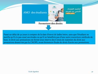 Ecole Agodent 30
AMO des étudiants
Fermeture des droits
Passé un délai de 30 jours à compter de la date d’envoi de ladite lettre, sans que l’étudiant ne
justifie qu’il n’a pas cessé ses études ou qu’il ne bénéficie pas d’une autre couverture médicale de
base, le droit aux prestations est fermé sous réserve des 6 mois de maintien du droit aux
prestations desservies par la CNOPS, avant fermeture finale du droit d’accès aux prestations.
 