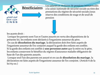 Ecole Agodent 33
Les salariés et titulaires de pensions immatriculés
à la caisse nationale de sécurité sociale au titre des
prestations du régime de sécurité sociale,(sous
réserve des conditions de stage et de seuil de
pension
Bénéficiaires
les ayants droit :
Lorsque les parents sont l’un et l’autre assurés en vertu des dispositions de la
présente loi, les enfants sont déclarés à l’organisme assureur du père.
En cas de dissolution du mariage, la déclaration doit être faite auprès de
l’organisme assureur de l’ex-conjoint auquel la garde des enfants est confiée.
Si la garde des enfants est confiée à une personne autre que la mère ou le père,
les enfants conservent le bénéfice du régime d’assurance maladie obligatoire de
base de l’un des parents assurés.
Lorsque seul l’un des parents est assuré et en cas de dissolution du mariage, la
déclaration est faite auprès de l’organisme assureur de l’ex-conjoint. (Article 6 de la
loi 65-00.)
 