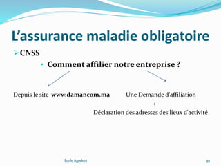 L’assurance maladie obligatoire
CNSS
• Comment affilier notre entreprise ?
Depuis le site www.damancom.ma Une Demande d'affiliation
+
Déclaration des adresses des lieux d'activité
Ecole Agodent 40
 