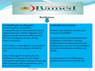 Ecole Agodent 45
Bénéficiaires
Les bénéficiaires sur demande :
Peuvent bénéficier du RAMED :
Les personnes qui ne sont assujetties à aucun
régime d’assurance maladie obligatoire et ne
disposent pas de ressources suffisantes pour
faire face aux dépenses de soins de base.
Leur(s) conjoint(s).
Leurs enfants à charge âgés de 21 ans au plus et
non couverts par une assurance maladie de
base.
Leurs enfants âgés de 26 ans au plus s’ils
justifient de la poursuite de leurs études.
Leurs enfants handicapés, quel que soit leur âge,
dans l’incapacité totale et permanente, de se
livrer à une activité rémunérée.
Les bénéficiaires de droit :
Peuvent aussi bénéficier, de droit, de la
couverture du RAMED :
Les pensionnaires des établissements de
bienfaisance, orphelinats, hospices,
établissements de rééducation et de tout
établissement à but non lucratif hébergeant
des enfants abandonnés ou adultes sans
famille.
Les pensionnaires des établissements
pénitentiaires et les sans domicile fixe.
 