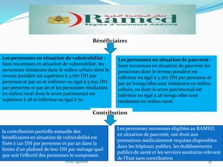 Ecole Agodent 47
Bénéficiaires
Les personnes en situation de vulnérabilité :
Sont reconnues en situation de vulnérabilité, les
personnes résidantes dans le milieu urbain dont le
revenu pondéré est supérieur à 3.767 DH par
personne et par an et inférieur ou égal à 5.650 DH
par personne et par an et les personnes résidantes
en milieu rural dont le score patrimonial est
supérieur à 28 et inférieur ou égal à 70.
Les personnes en situation de pauvreté :
Sont reconnues en situation de pauvreté les
personnes dont le revenu pondéré est
inférieur ou égal à 3.767 DH par personne et
par an lorsqu'elles sont résidantes en milieu
urbain, ou dont le score patrimonial est
inférieur ou égal à 28 lorsqu'elles sont
résidantes en milieu rural.
Contribution
la contribution partielle annuelle des
bénéficiaires en situation de vulnérabilité est
fixée à 120 DH par personne et par an dans la
limite d'un plafond de 600 DH par ménage quel
que soit l'effectif des personnes le composant.
Les personnes reconnues éligibles au RAMED,
en situation de pauvreté, ont droit aux
prestations médicalement requises disponibles
dans les hôpitaux publics, les établissements
publics de santé et les services sanitaires relevant
de l'Etat sans contribution
 
