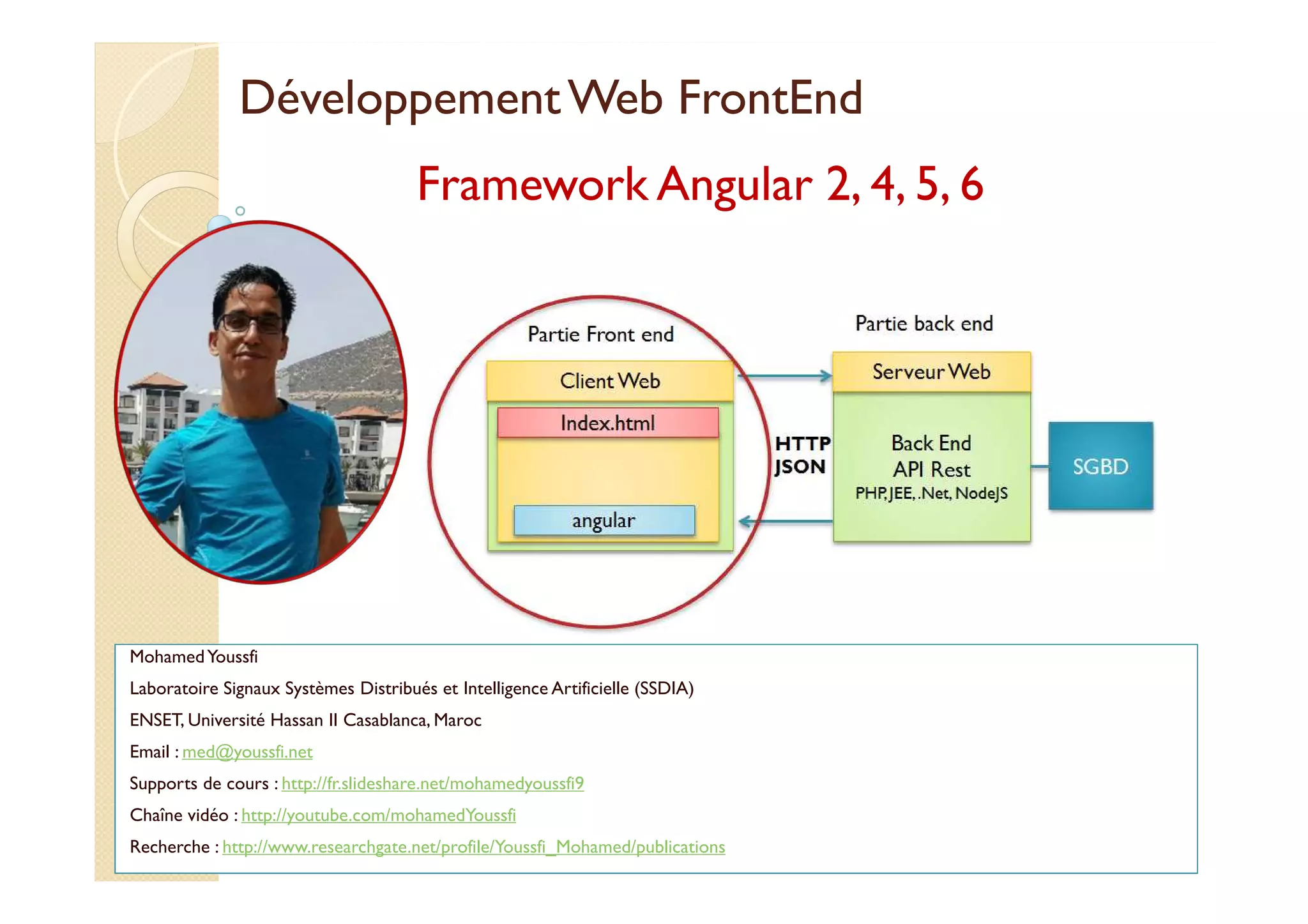 DéveloppementWeb FrontEnd
MohamedYoussfi
Laboratoire Signaux Systèmes Distribués et Intelligence Artificielle (SSDIA)
ENSET, Université Hassan II Casablanca, Maroc
Email : med@youssfi.net
Supports de cours : http://fr.slideshare.net/mohamedyoussfi9
Chaîne vidéo : http://youtube.com/mohamedYoussfi
Recherche : http://www.researchgate.net/profile/Youssfi_Mohamed/publications
Framework Angular 2, 4, 5, 6
 
