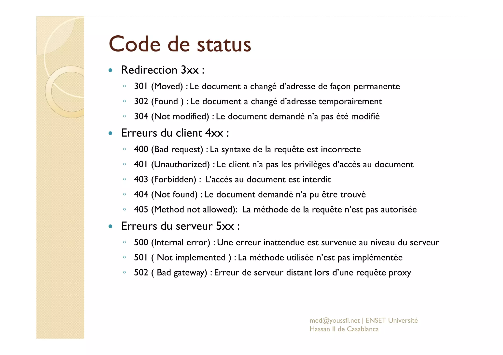 Code de status
Redirection 3xx :
◦ 301 (Moved) : Le document a changé d’adresse de façon permanente
◦ 302 (Found ) : Le document a changé d’adresse temporairement
◦ 304 (Not modified) : Le document demandé n’a pas été modifié
Erreurs du client 4xx :
◦ 400 (Bad request) : La syntaxe de la requête est incorrecte
◦ 401 (Unauthorized) : Le client n’a pas les privilèges d’accès au document
◦ 403 (Forbidden) : L’accès au document est interdit
◦ 404 (Not found) : Le document demandé n’a pu être trouvé
◦ 405 (Method not allowed): La méthode de la requête n’est pas autorisée
Erreurs du serveur 5xx :
◦ 500 (Internal error) : Une erreur inattendue est survenue au niveau du serveur
◦ 501 ( Not implemented ) : La méthode utilisée n’est pas implémentée
◦ 502 ( Bad gateway) : Erreur de serveur distant lors d’une requête proxy
med@youssfi.net | ENSET Université
Hassan II de Casablanca
 