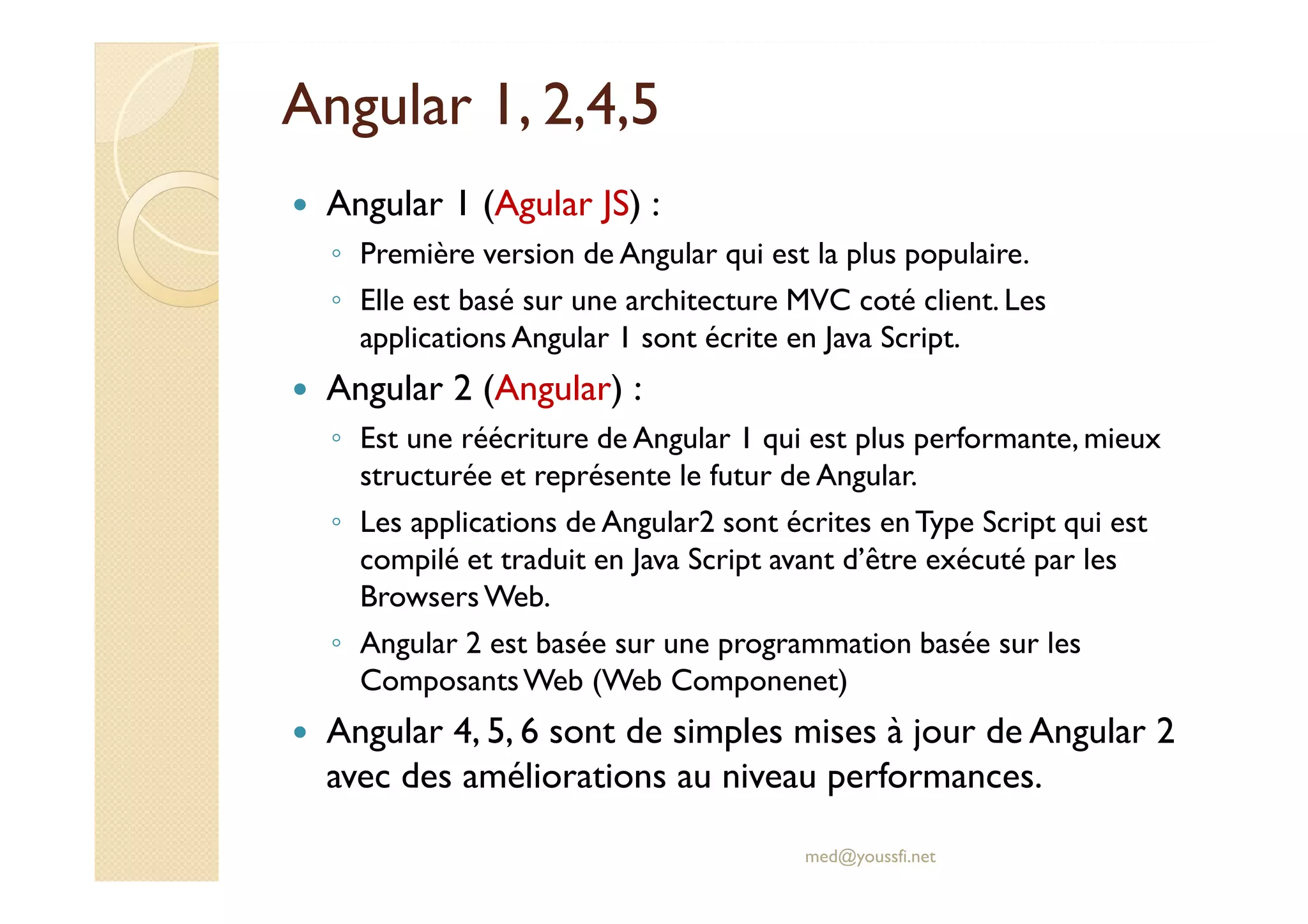 Angular 1, 2,4,5
Angular 1 (Agular JS) :
◦ Première version de Angular qui est la plus populaire.
◦ Elle est basé sur une architecture MVC coté client. Les
applications Angular 1 sont écrite en Java Script.
Angular 2 (Angular) :
◦ Est une réécriture de Angular 1 qui est plus performante, mieux
structurée et représente le futur de Angular.
◦ Les applications de Angular2 sont écrites en Type Script qui est
compilé et traduit en Java Script avant d’être exécuté par les
BrowsersWeb.
◦ Angular 2 est basée sur une programmation basée sur les
ComposantsWeb (Web Componenet)
Angular 4, 5, 6 sont de simples mises à jour de Angular 2
avec des améliorations au niveau performances.
med@youssfi.net
 