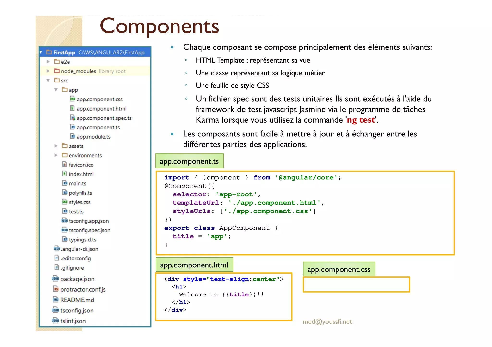 Components
Chaque composant se compose principalement des éléments suivants:
◦ HTML Template : représentant sa vue
◦ Une classe représentant sa logique métier
◦ Une feuille de style CSS
◦ Un fichier spec sont des tests unitaires Ils sont exécutés à l'aide du
framework de test javascript Jasmine via le programme de tâches
Karma lorsque vous utilisez la commande 'ng test'.
Les composants sont facile à mettre à jour et à échanger entre les
différentes parties des applications.
med@youssfi.net
import { Component } from '@angular/core';
@Component({
selector: 'app-root',
templateUrl: './app.component.html',
styleUrls: ['./app.component.css']
})
export class AppComponent {
title = 'app';
}
med@youssfi.net
app.component.ts
<div style="text-align:center">
<h1>
Welcome to {{title}}!!
</h1>
</div>
app.component.html
app.component.css
 