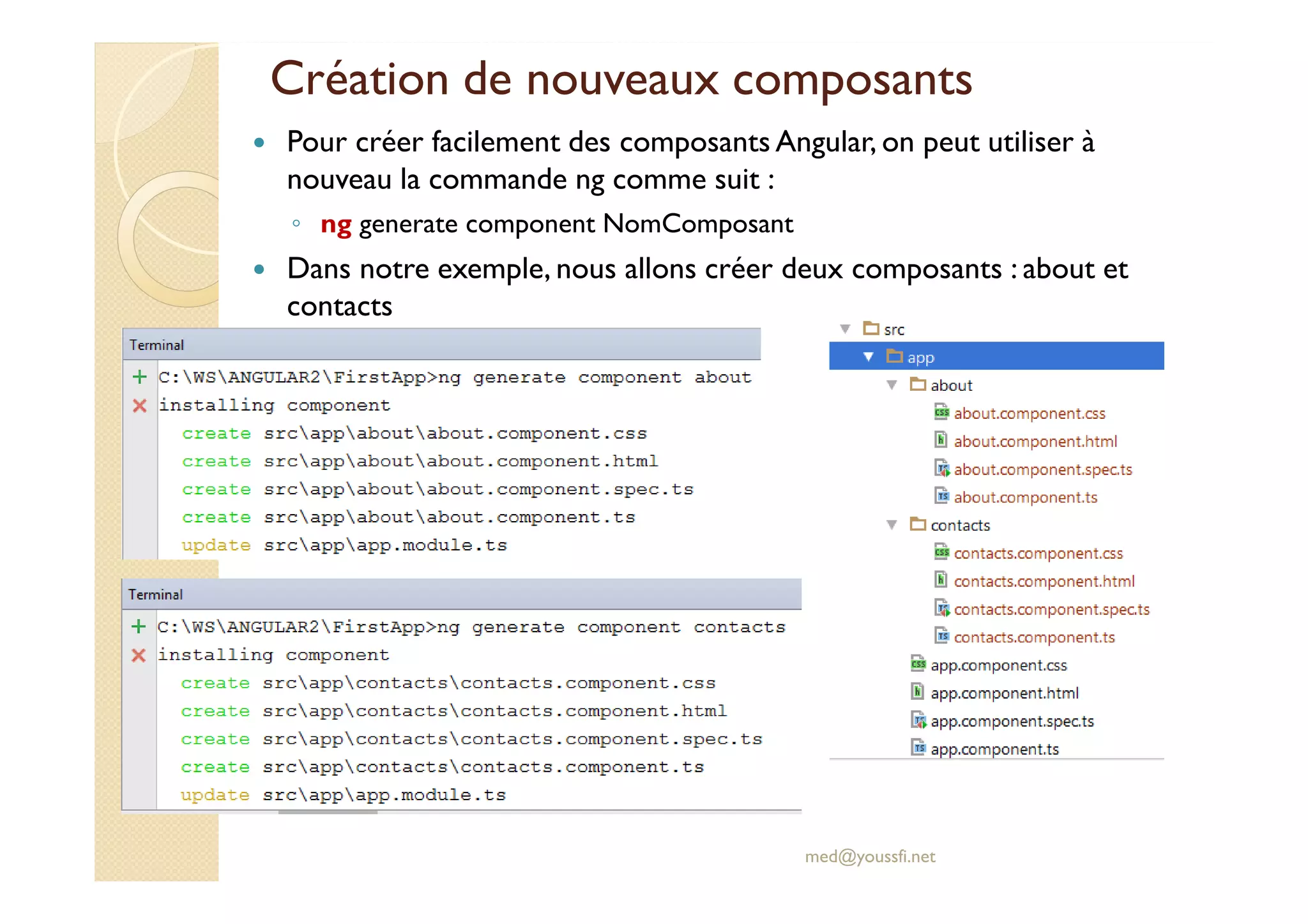 Création de nouveaux composants
Pour créer facilement des composants Angular, on peut utiliser à
nouveau la commande ng comme suit :
◦ ng generate component NomComposant
Dans notre exemple, nous allons créer deux composants : about et
contacts
med@youssfi.net
 