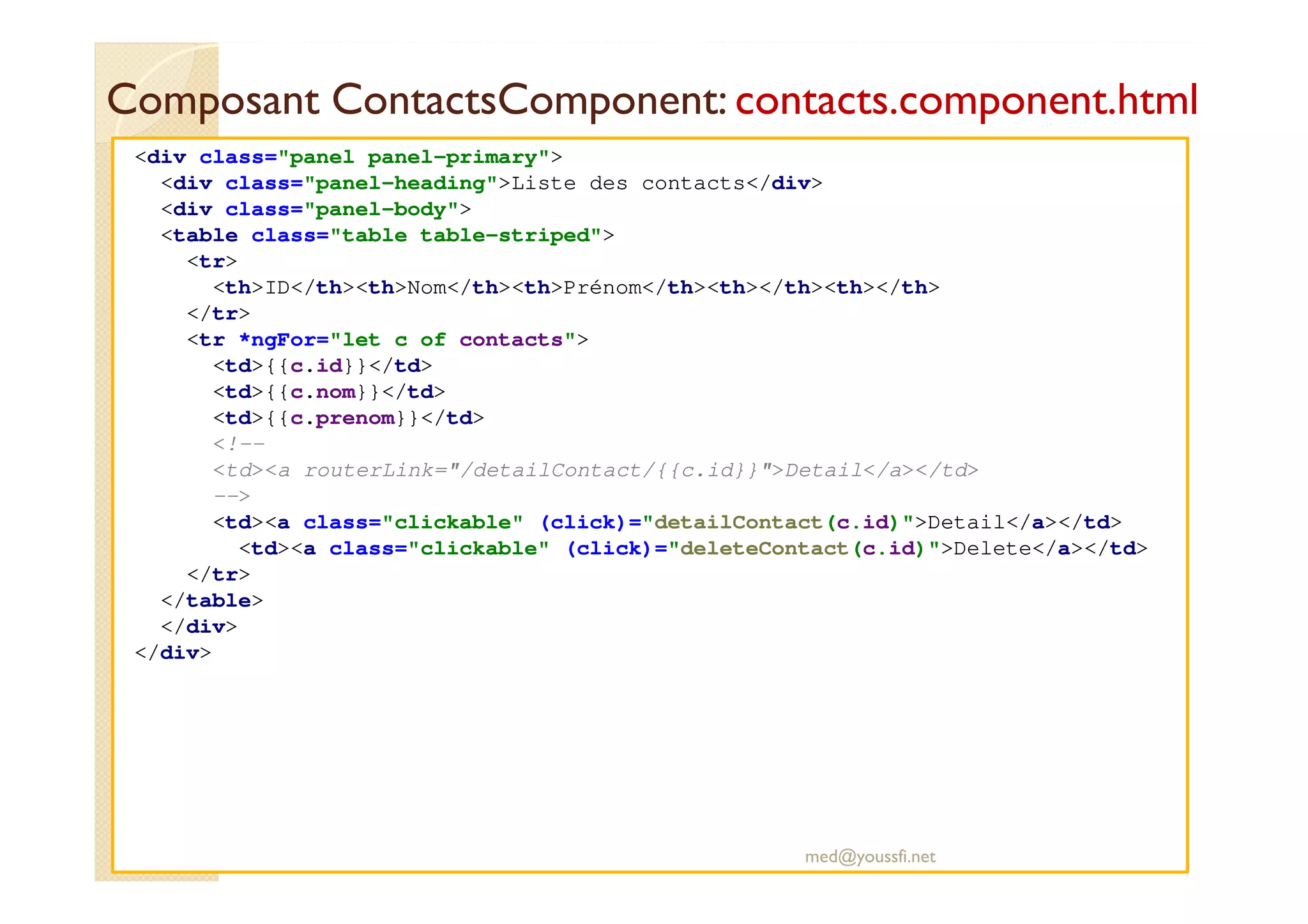Composant ContactsComponent: contacts.component.html
<div class="panel panel-primary">
<div class="panel-heading">Liste des contacts</div>
<div class="panel-body">
<table class="table table-striped">
<tr>
<th>ID</th><th>Nom</th><th>Prénom</th><th></th><th></th>
</tr>
<tr *ngFor="let c of contacts">
<td>{{c.id}}</td>
<td>{{c.nom}}</td>
<td>{{c.prenom}}</td>
<!--
<td><a routerLink="/detailContact/{{c.id}}">Detail</a></td>
-->
<td><a class="clickable" (click)="detailContact(c.id)">Detail</a></td>
<td><a class="clickable" (click)="deleteContact(c.id)">Delete</a></td>
</tr>
</table>
</div>
</div>
med@youssfi.net
 