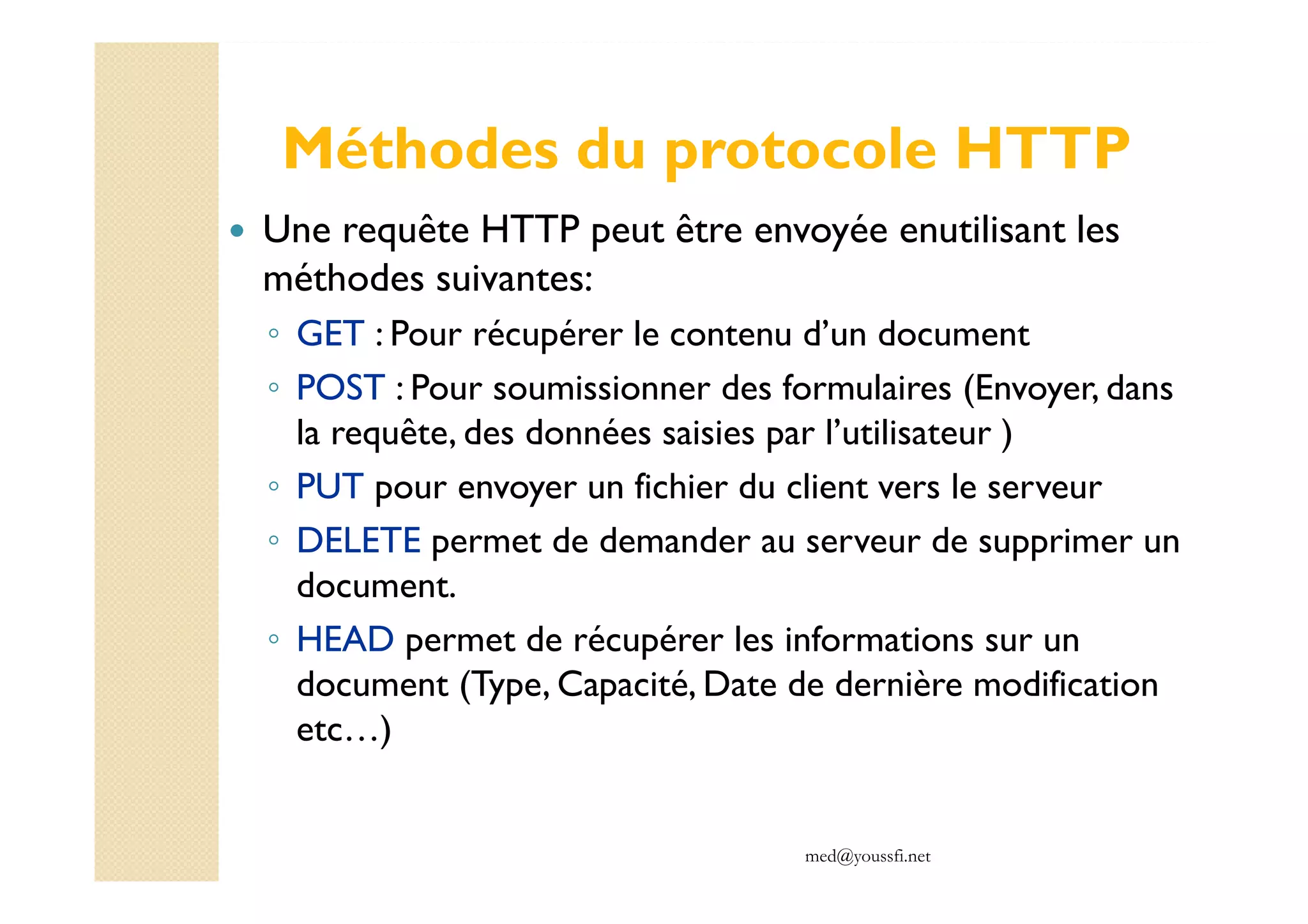 med@youssfi.net
Méthodes du protocole HTTP
Une requête HTTP peut être envoyée enutilisant les
méthodes suivantes:
◦ GET : Pour récupérer le contenu d’un document
◦ POST : Pour soumissionner des formulaires (Envoyer, dans
la requête, des données saisies par l’utilisateur )
◦ PUT pour envoyer un fichier du client vers le serveur
◦ DELETE permet de demander au serveur de supprimer un
document.
◦ HEAD permet de récupérer les informations sur un
document (Type, Capacité, Date de dernière modification
etc…)
 