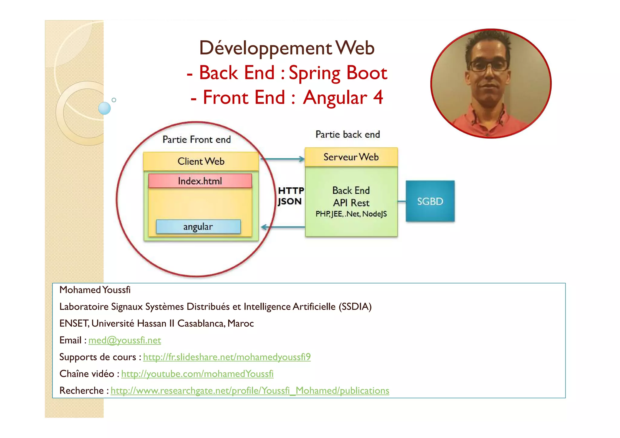 DéveloppementWeb
- Back End : Spring Boot
- Front End : Angular 4
MohamedYoussfi
Laboratoire Signaux Systèmes Distribués et Intelligence Artificielle (SSDIA)
ENSET, Université Hassan II Casablanca, Maroc
Email : med@youssfi.net
Supports de cours : http://fr.slideshare.net/mohamedyoussfi9
Chaîne vidéo : http://youtube.com/mohamedYoussfi
Recherche : http://www.researchgate.net/profile/Youssfi_Mohamed/publications
 