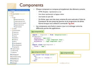 Components
Chaque composant se compose principalement des éléments suivants:
◦ HTML Template : représentant sa vue
◦ Une classe représentant sa logique métier
◦ Une feuille de style CSS
◦ Un fichier spec sont des tests unitaires Ils sont exécutés à l'aide du
framework de test javascript Jasmine via le programme de tâches
Karma lorsque vous utilisez la commande 'ng test'.
Les composants sont facile à mettre à jour et à échanger entre les
différentes parties des applications.
med@youssfi.net
import { Component } from '@angular/core';
@Component({
selector: 'app-root',
templateUrl: './app.component.html',
styleUrls: ['./app.component.css']
})
export class AppComponent {
title = 'app';
}
med@youssfi.net
app.component.ts
<div style="text-align:center">
<h1>
Welcome to {{title}}!!
</h1>
</div>
app.component.html
app.component.css
 