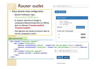 Router outlet
Etant donnée cette configuration,
◦ Quand l’utilisateur tape :
http://localhost:4200/about ,
◦ le routeur cherche et charge le
composant AboutComponent et l’affiche
dans un élément <router-outlet>
</router-outlet> .
◦ Cet élément est sensé se trouver dans la
vue du composant racine.
med@youssfi.net
<div class="container spacer">
<div class="container">
<button routerLink="/about" class="btn btn-primary">About</button>
<button routerLink="/contacts" class="btn btn-primary">Contacts</button>
</div>
<div class="container spacer">
<router-outlet></router-outlet>
</div>
</div>
app.component.html
 