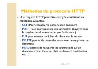 med@youssfi.net
Méthodes du protocole HTTP
Une requête HTTP peut être envoyée enutilisant les
méthodes suivantes:
◦ GET : Pour récupérer le contenu d’un document
◦ POST : Pour soumissionner des formulaires (Envoyer, dans
la requête, des données saisies par l’utilisateur )
◦ PUT pour envoyer un fichier du client vers le serveur
◦ DELETE permet de demander au serveur de supprimer un
document.
◦ HEAD permet de récupérer les informations sur un
document (Type, Capacité, Date de dernière modification
etc…)
 