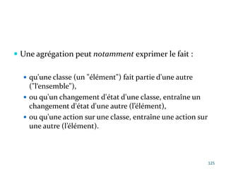 Une agrégation peut notamment exprimer le fait :
 qu'une classe (un "élément") fait partie d'une autre
("l‘ensemble"),
 ou qu'un changement d'état d'une classe, entraîne un
changement d'état d'une autre (l’élément),
 ou qu'une action sur une classe, entraîne une action sur
une autre (l’élément).
125
 