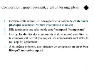 Composition : graphiquement, c’est un losange plein
1. Derrière cette notion, est sous-jacente la notion de contenance
physique (exemple : Voiture avec moteur et roues)
2. Elle représente une relation de type "composé / composant"
3. Les cycles de vies des composants et du composé sont liés : si
le composé est détruit (ou copié), ses composants sont détruits
(ou copiés) également.
4. A un même moment, une instance de composant ne peut être
liée qu'à un seul composé
127
 