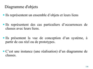Diagramme d'objets
 Ils représentent un ensemble d’objets et leurs liens
 Ils représentent des cas particuliers d’occurrences de
classes avec leurs liens.
 Ils présentent la vue de conception d’un système, à
partir de cas réel ou de prototypes.
 C’est une instance (une réalisation) d’un diagramme de
classes.
136
 