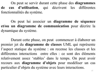 On peut se servir durant cette phase des diagrammes
de cas d’utilisation, qui décrivent les différentes
fonctionnalités du système.
On peut lui associer un diagramme de séquence
et/ou un diagramme de communication pour décrire la
dynamique du système.
Durant cette phase, on peut commencer à élaborer un
premier jet du diagramme de classes UML qui représente
l’aspect statique du système : on recense les classes et les
différentes interactions entre elles : ce sont des éléments
relativement assez ‘stables’ dans le temps. On peut avoir
recours aux diagramme d’objets pour modéliser un cas
particulier d’objets du système avec leurs interactions.
17
 