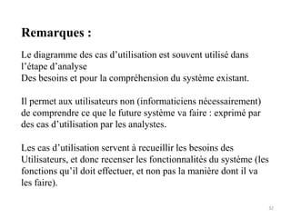 Remarques :
Le diagramme des cas d’utilisation est souvent utilisé dans
l’étape d’analyse
Des besoins et pour la compréhension du système existant.
Il permet aux utilisateurs non (informaticiens nécessairement)
de comprendre ce que le future système va faire : exprimé par
des cas d’utilisation par les analystes.
Les cas d’utilisation servent à recueillir les besoins des
Utilisateurs, et donc recenser les fonctionnalités du système (les
fonctions qu’il doit effectuer, et non pas la manière dont il va
les faire).
32
 