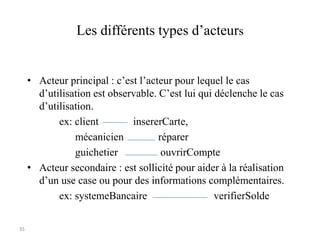 35
Les différents types d’acteurs
• Acteur principal : c’est l’acteur pour lequel le cas
d’utilisation est observable. C’est lui qui déclenche le cas
d’utilisation.
ex: client insererCarte,
mécanicien réparer
guichetier ouvrirCompte
• Acteur secondaire : est sollicité pour aider à la réalisation
d’un use case ou pour des informations complémentaires.
ex: systemeBancaire verifierSolde
 