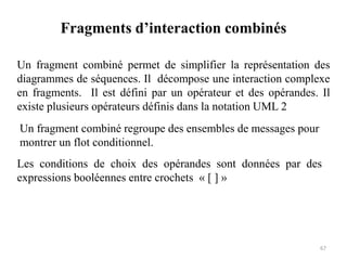 Fragments d’interaction combinés
Un fragment combiné permet de simplifier la représentation des
diagrammes de séquences. Il décompose une interaction complexe
en fragments. Il est défini par un opérateur et des opérandes. Il
existe plusieurs opérateurs définis dans la notation UML 2
Un fragment combiné regroupe des ensembles de messages pour
montrer un flot conditionnel.
Les conditions de choix des opérandes sont données par des
expressions booléennes entre crochets « [ ] »
67
 