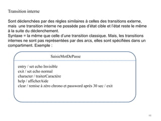 Transition interne
Sont déclenchées par des règles similaires à celles des transitions externe,
mais une transition interne ne possède pas d’état cible et l’état reste le même
à la suite du déclenchement.
Syntaxe = la même que celle d’une transition classique. Mais, les transitions
internes ne sont pas représentées par des arcs, elles sont spécifiées dans un
compartiment. Exemple :
48
S
SaisieMotDePasse
entry / set echo Invisible
exit / set echo normal
character / traiterCaractère
help / afficherAide
clear / remise à zéro chrono et password après 30 sec / exit
 