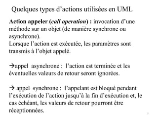 Quelques types d’actions utilisées en UML
Action appeler (call operation) : invocation d’une
méthode sur un objet (de manière synchrone ou
asynchrone).
Lorsque l’action est exécutée, les paramètres sont
transmis à l’objet appelé.
appel asynchrone : l’action est terminée et les
éventuelles valeurs de retour seront ignorées.
 appel synchrone : l’appelant est bloqué pendant
l’exécution de l’action jusqu’à la fin d’exécution et, le
cas échéant, les valeurs de retour pourront être
réceptionnées. 7
 