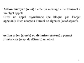 Action envoyer (send) : crée un message et le transmet à
un objet appelé.
C’est un appel asynchrone (ne bloque pas l’objet
appelant). Bien adapté à l’envoi de signaux (send signal).
Action créer (create) ou détruire (destroy) : permet
d’instancier (resp. de détruire) un objet.
8
 