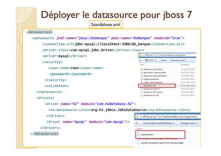Déployer leDéployer le datasourcedatasource pourpour jbossjboss 77
<datasources>
<datasource jndi-name="java:/dsbanque" pool-name="dsBanque" enabled="true">
<connection-url>jdbc:mysql://localhost:3306/db_banque</connection-url>
<driver-class>com.mysql.jdbc.Driver</driver-class>
<driver>mysql</driver>
<security>
<user-name>root</user-name>
<password></password>
</security>
Standalone.xml
</security>
<validation>
</datasource>
<drivers>
<driver name="h2" module="com.h2database.h2">
<xa-datasource-class>org.h2.jdbcx.JdbcDataSource</xa-datasource-class>
</driver>
<driver name="mysql" module="com.mysql"/>
</drivers>
</datasources>
med@youssfi.net
 