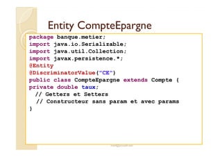 Entity CompteEpargneEntity CompteEpargne
package banque.metier;
import java.io.Serializable;
import java.util.Collection;
import javax.persistence.*;
@Entity
@DiscriminatorValue("CE")
public class CompteEpargne extends Compte {
med@youssfi.net
public class CompteEpargne extends Compte {
private double taux;
// Getters et Setters
// Constructeur sans param et avec params
}
 