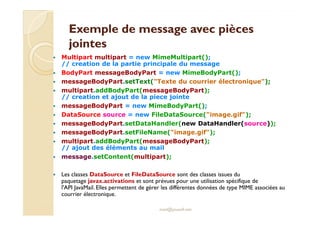 Exemple de message avec piècesExemple de message avec pièces
jointesjointes
Multipart multipart = new MimeMultipart();
// creation de la partie principale du message
BodyPart messageBodyPart = new MimeBodyPart();
messageBodyPart.setText("Texte du courrier électronique");
multipart.addBodyPart(messageBodyPart);
// creation et ajout de la piece jointe
messageBodyPart = new MimeBodyPart();
DataSource source = new FileDataSource("image.gif");DataSource source = new FileDataSource("image.gif");
messageBodyPart.setDataHandler(new DataHandler(source));
messageBodyPart.setFileName("image.gif");
multipart.addBodyPart(messageBodyPart);
// ajout des éléments au mail
message.setContent(multipart);
Les classes DataSource et FileDataSource sont des classes issues du
paquetage javax.activations et sont prévues pour une utilisation spécifique de
l'API JavaMail. Elles permettent de gérer les différentes données de type MIME associées au
courrier électronique.
med@youssfi.net
 