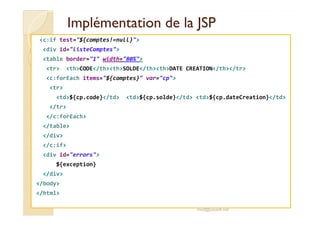 Implémentation de la JSPImplémentation de la JSP
<c:if test="${comptes!=null}">
<div id="listeComptes">
<table border="1" width="80%">
<tr> <th>CODE</th><th>SOLDE</th><th>DATE CREATION</th></tr>
<c:forEach items="${comptes}" var="cp">
<tr>
<td>${cp.code}</td> <td>${cp.solde}</td> <td>${cp.dateCreation}</td>
</tr>
</c:forEach></c:forEach>
</table>
</div>
</c:if>
<div id="errors">
${exception}
</div>
</body>
</html>
med@youssfi.net
 